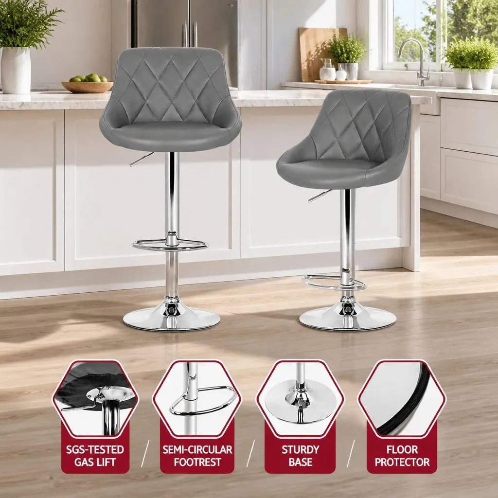 Bar Stools Grey Padded Set of 2 Gas Lift Swivel Seat Chrome Base Height Adjustable