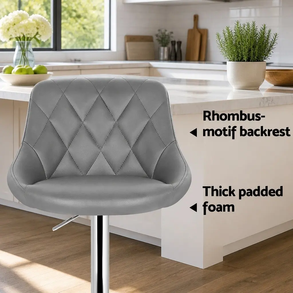 Bar Stools Grey Padded Set of 2 Gas Lift Swivel Seat Chrome Base Height Adjustable