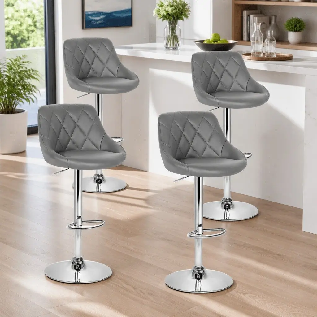 Bar Stools Grey Set of 4 Padded Gas Lift Swivel Chair with Contoured Backrest and Chrome Base