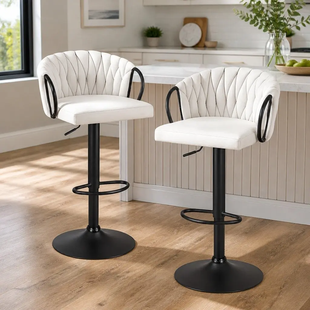 Bar Stools Beige Adjustable Height Woven Velvet Seat Ergonomic Support