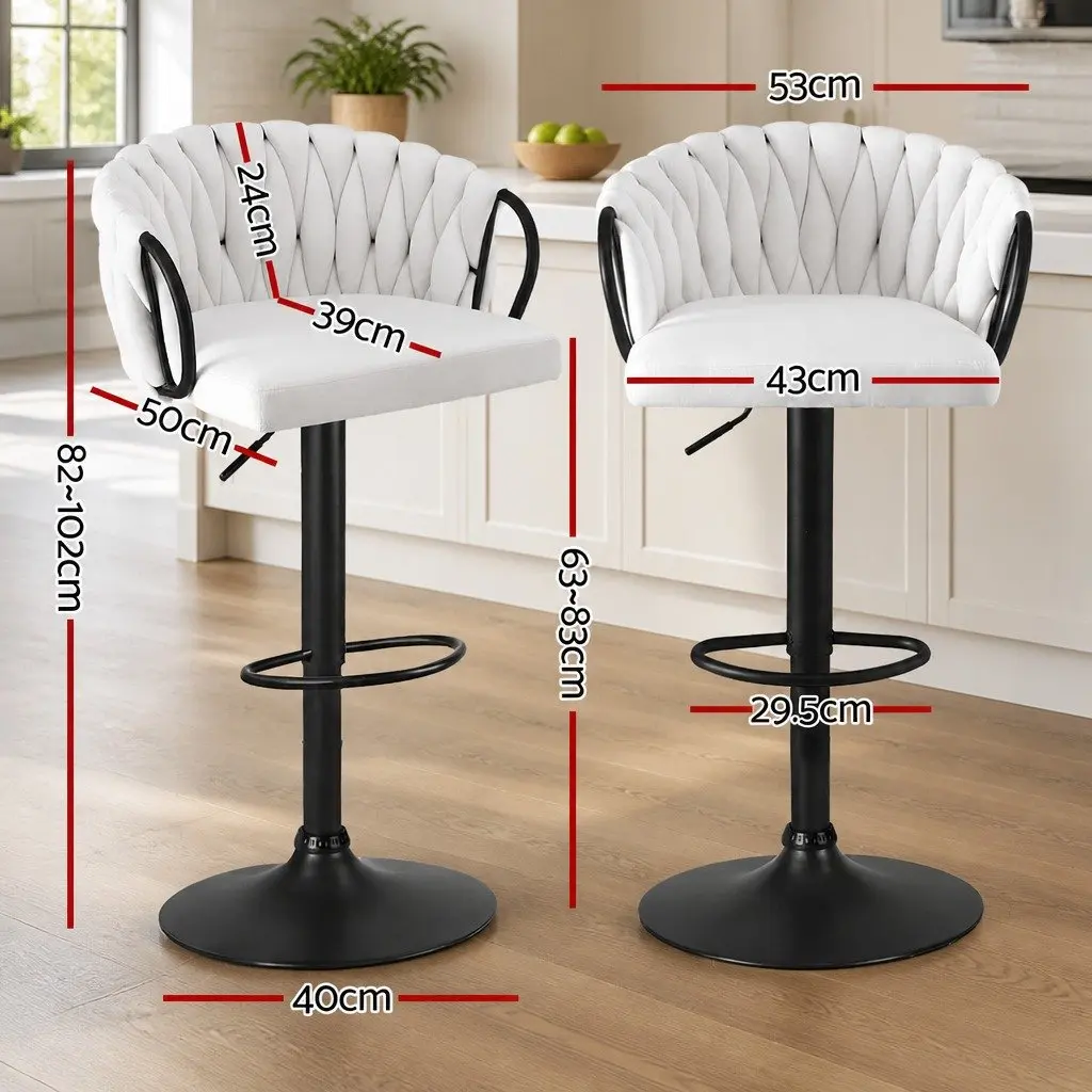 Bar Stools Beige Adjustable Height Woven Velvet Seat Ergonomic Support