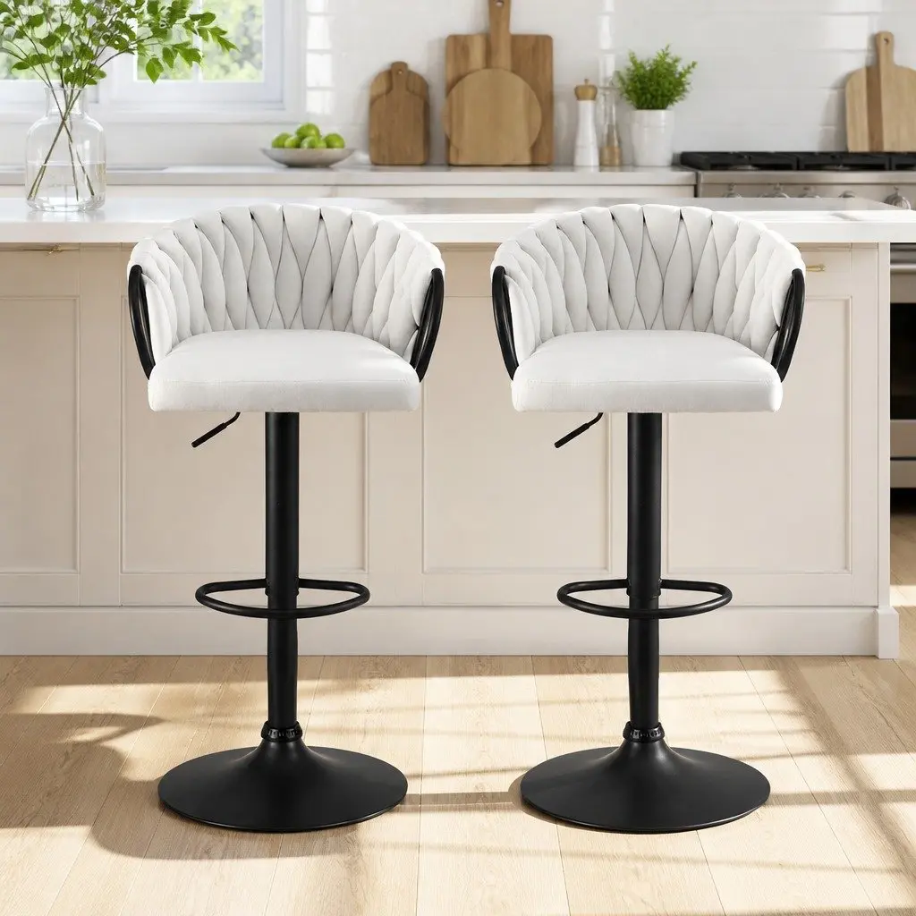 Bar Stools Beige Adjustable Height Woven Velvet Seat Ergonomic Support