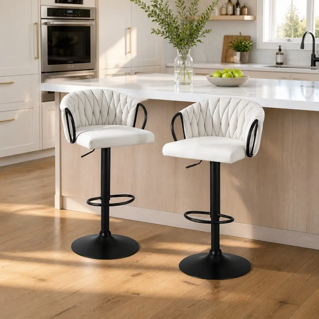 Bar Stools Beige Adjustable Height Woven Velvet Seat Ergonomic Support