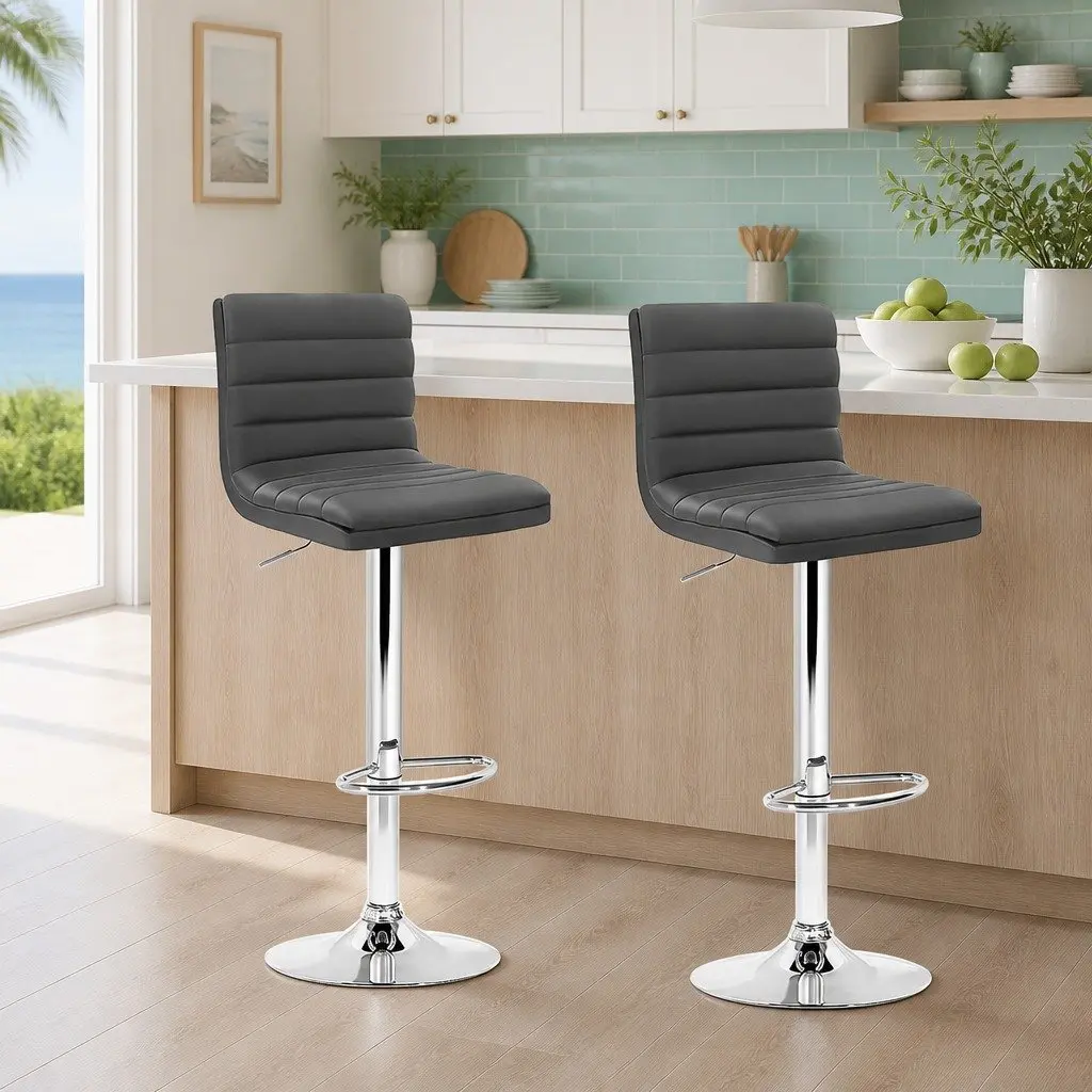 Grey Bar Stools Faux Leather Swivel Chair Padded with Gas Lift Adjustable Height Set of 2
