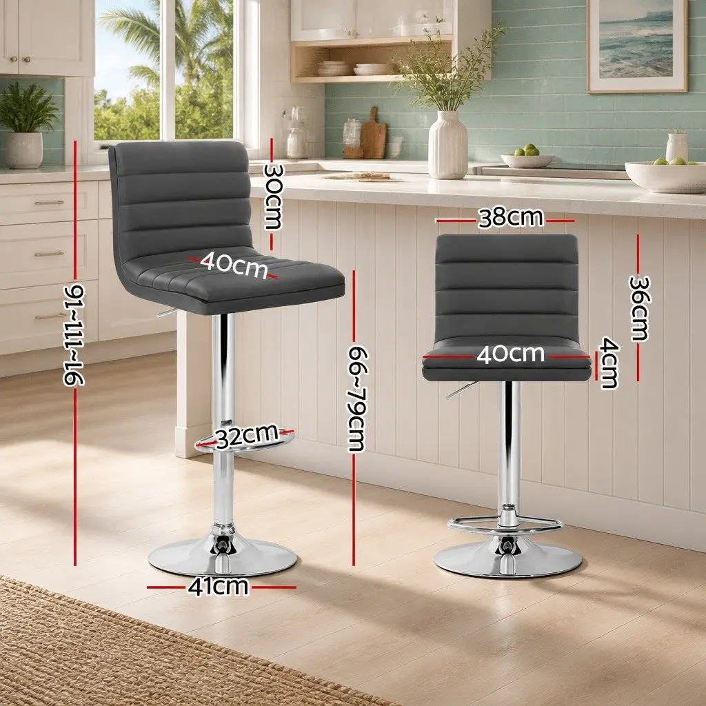 Grey Bar Stools Faux Leather Swivel Chair Padded with Gas Lift Adjustable Height Set of 2
