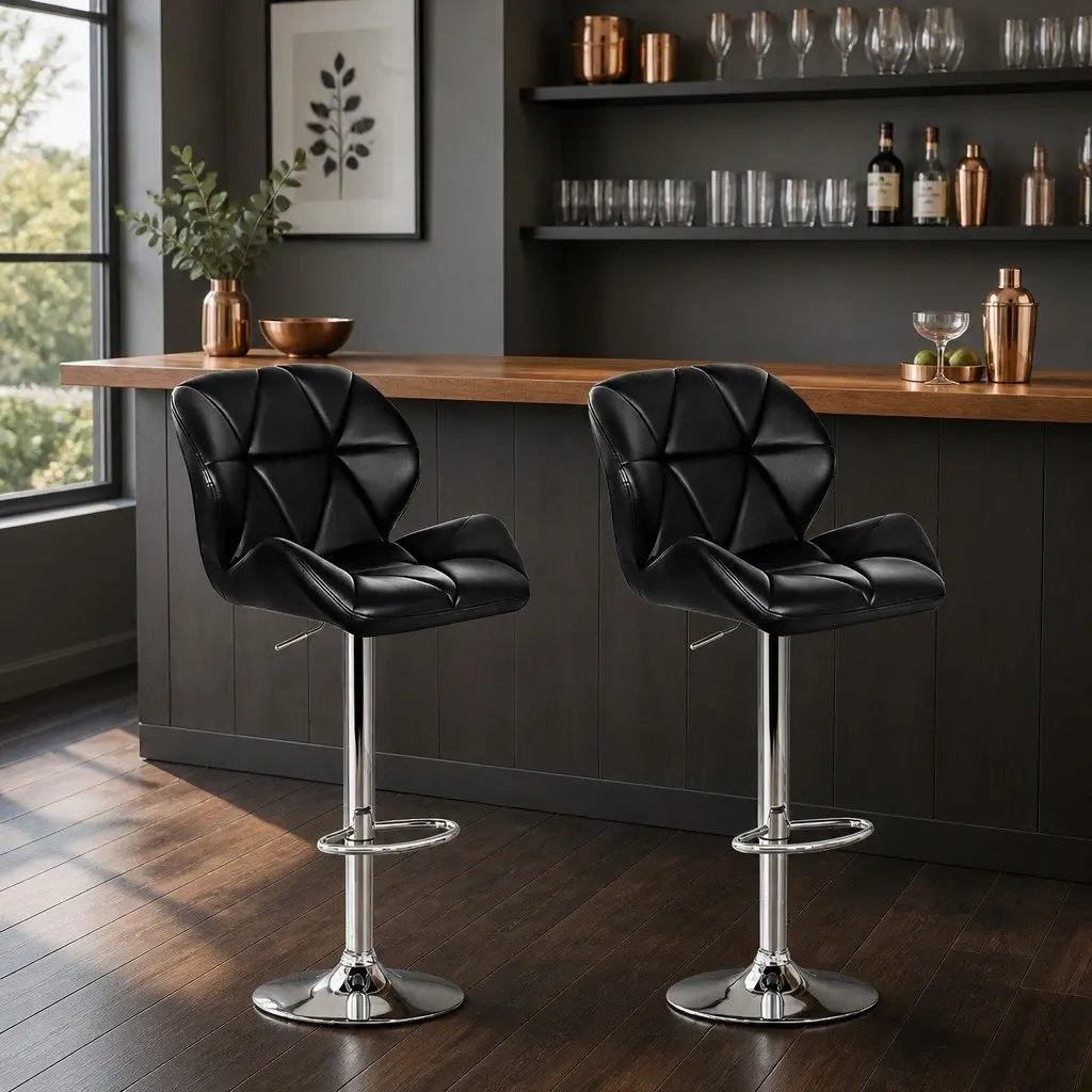 Bar Stools Black Adjustable Height Padded Faux Leather 360 Swivel Chrome Base