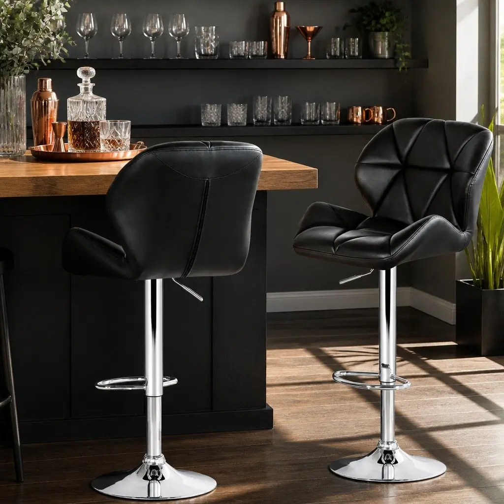 Bar Stools Black Adjustable Height Padded Faux Leather 360 Swivel Chrome Base