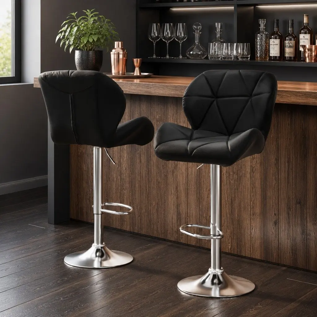 Bar Stools Black Adjustable Height Padded Faux Leather 360 Swivel Chrome Base