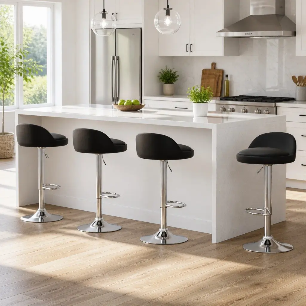 Bar Stools Black Adjustable Height PU Leather Swivel Seat Set of 4