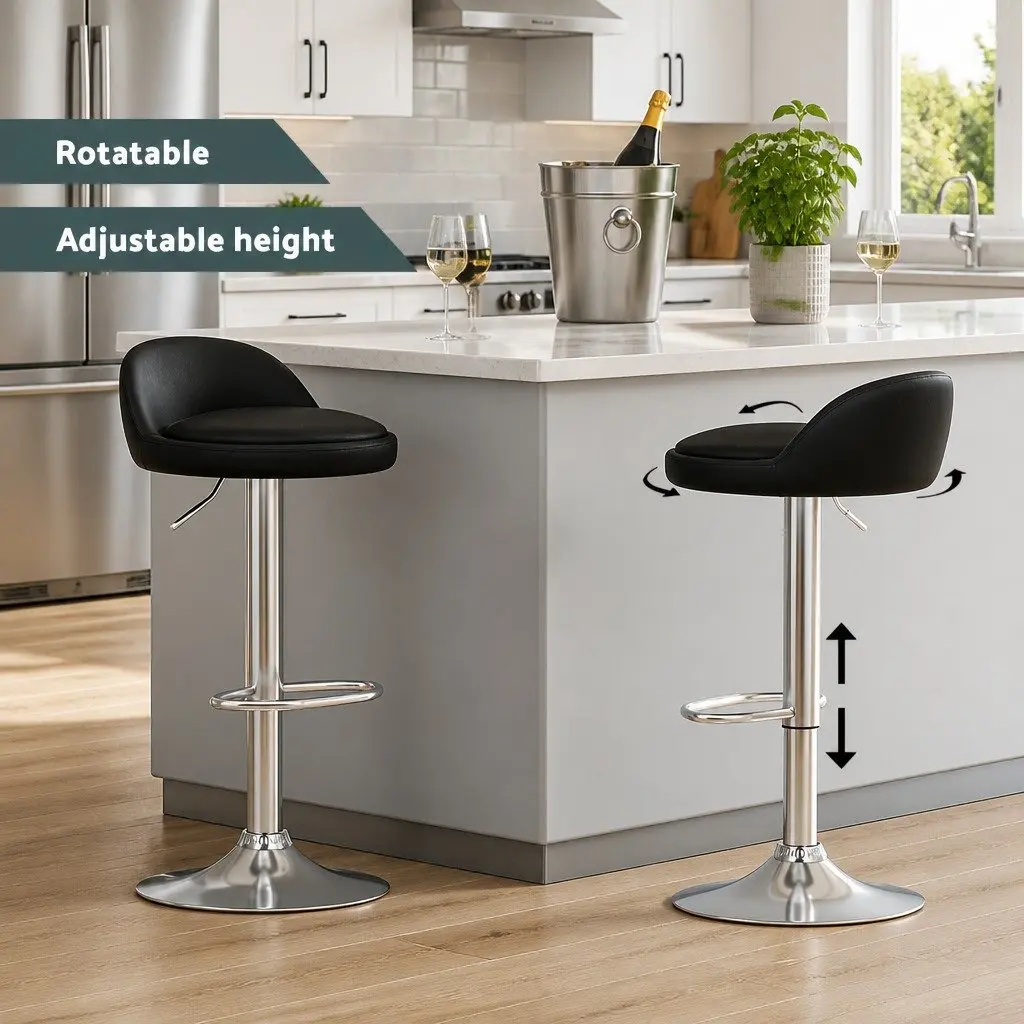 Bar Stools Black Adjustable Height PU Leather Swivel Seat Set of 4