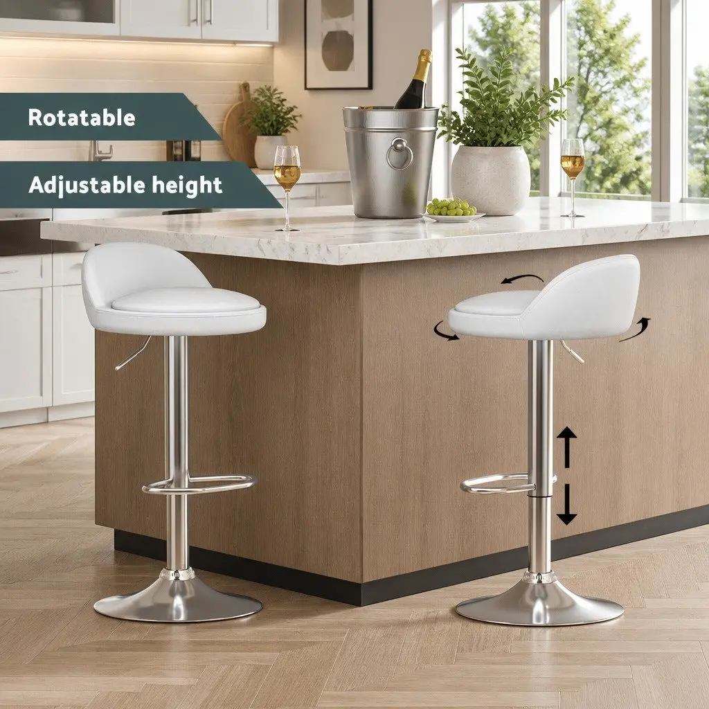 Bar Stools White Adjustable Height 360 Degree Swivel PU Leather Set of 4