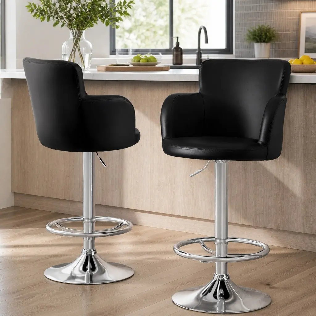 Bar Stools Black Adjustable Swivel PU Leather Counter Chairs 2 Piece