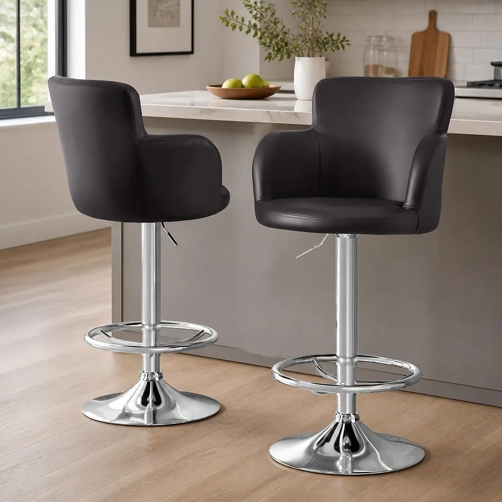 Bar Stools Brown Adjustable Height Swivel PU Leather Seating 2 Piece