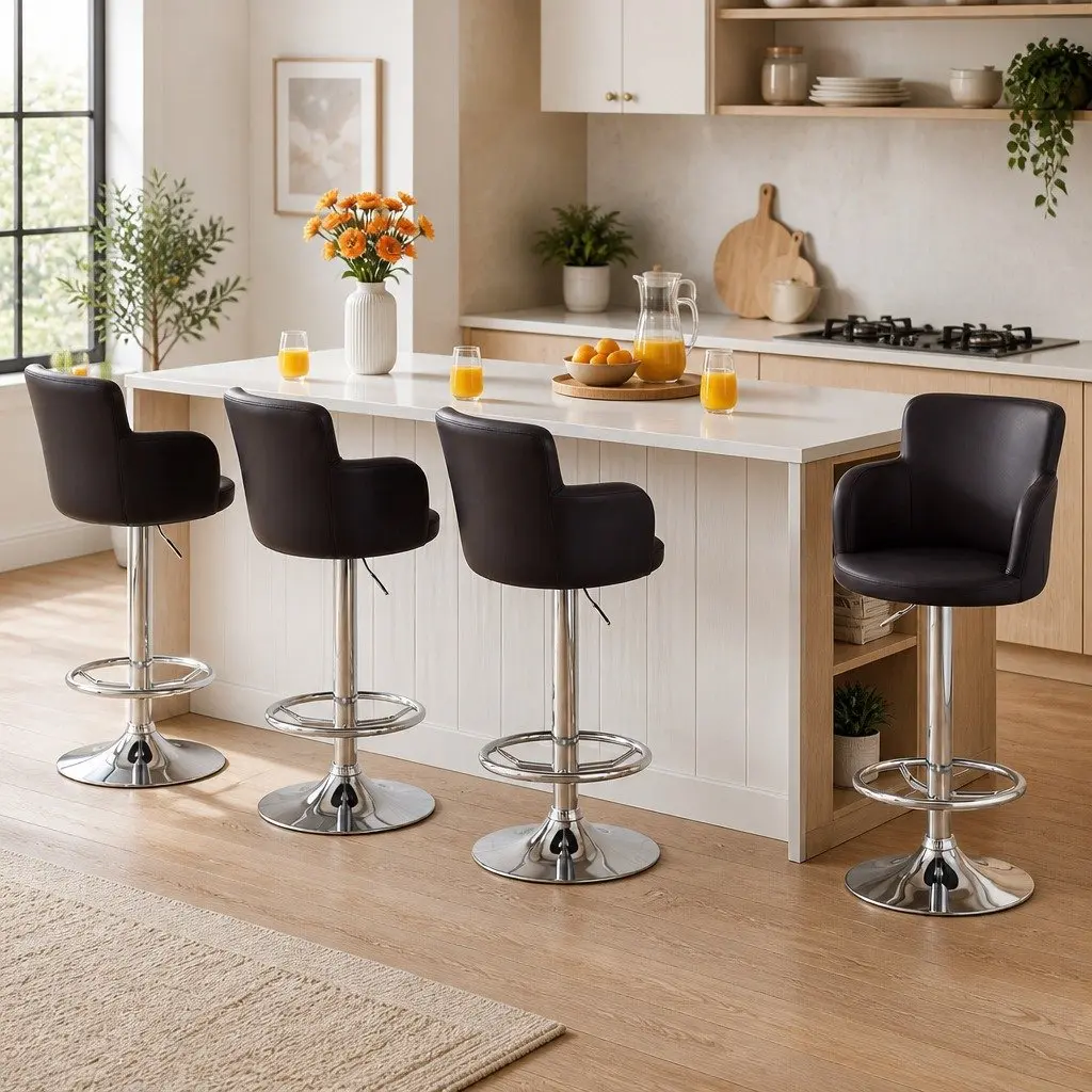Bar Stools Set of 4 Swivel Kitchen Chairs Gas Lift Adjustable Height Brown