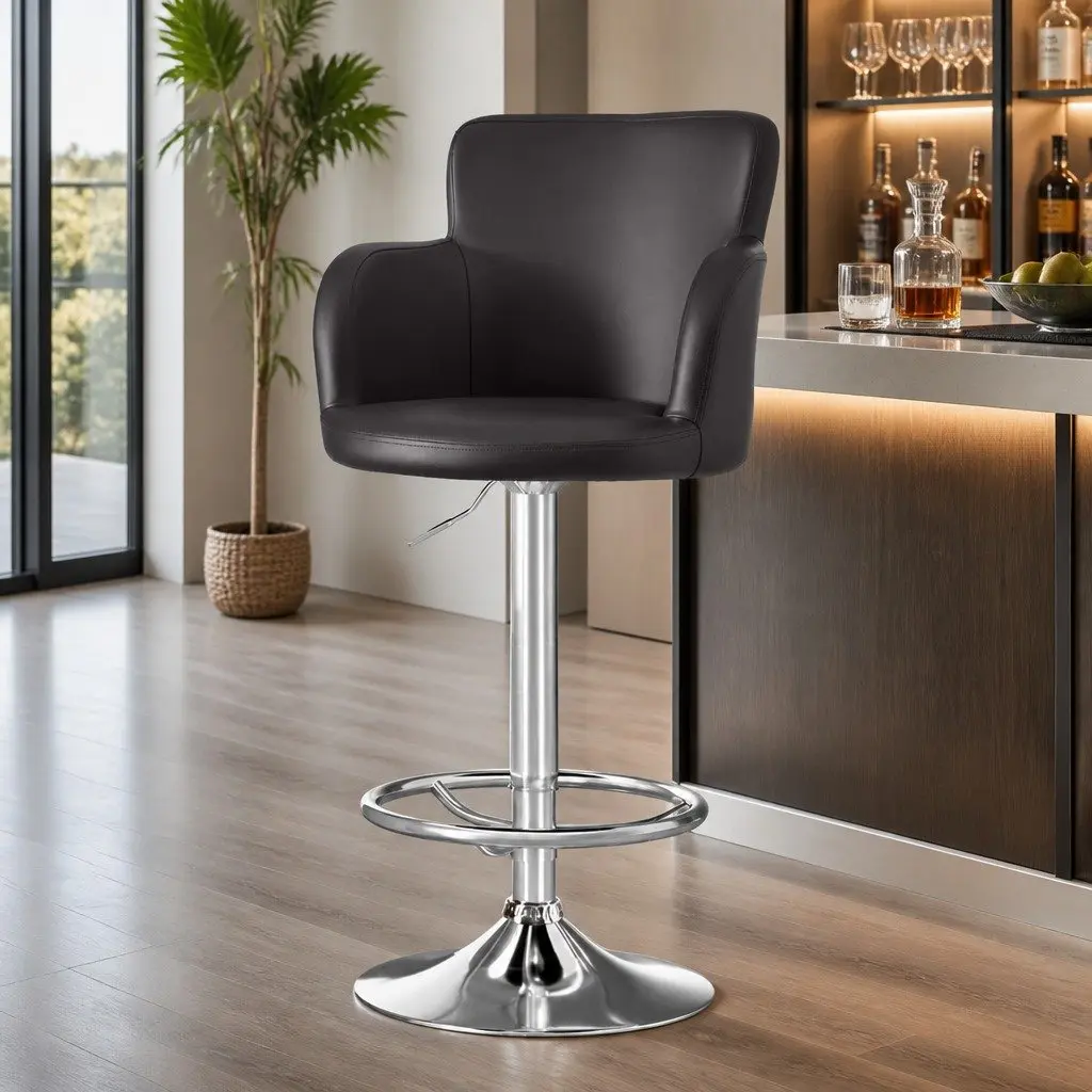 Bar Stools Brown Adjustable Height Swivel PU Leather Foam Padding