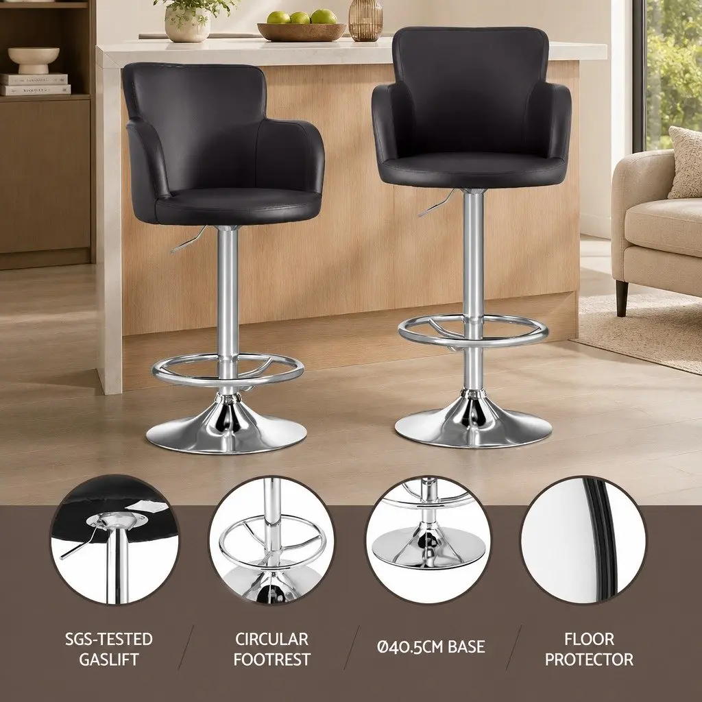 Bar Stools Brown Adjustable Height Swivel PU Leather Foam Padding