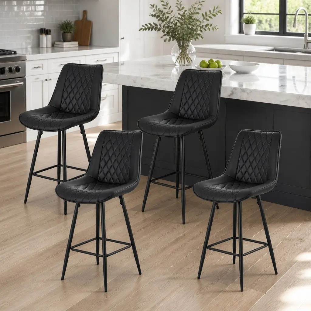 Bar Stools Black 67cm Ergonomic Diamond PU Leather Seat Metal Construction Set of 4