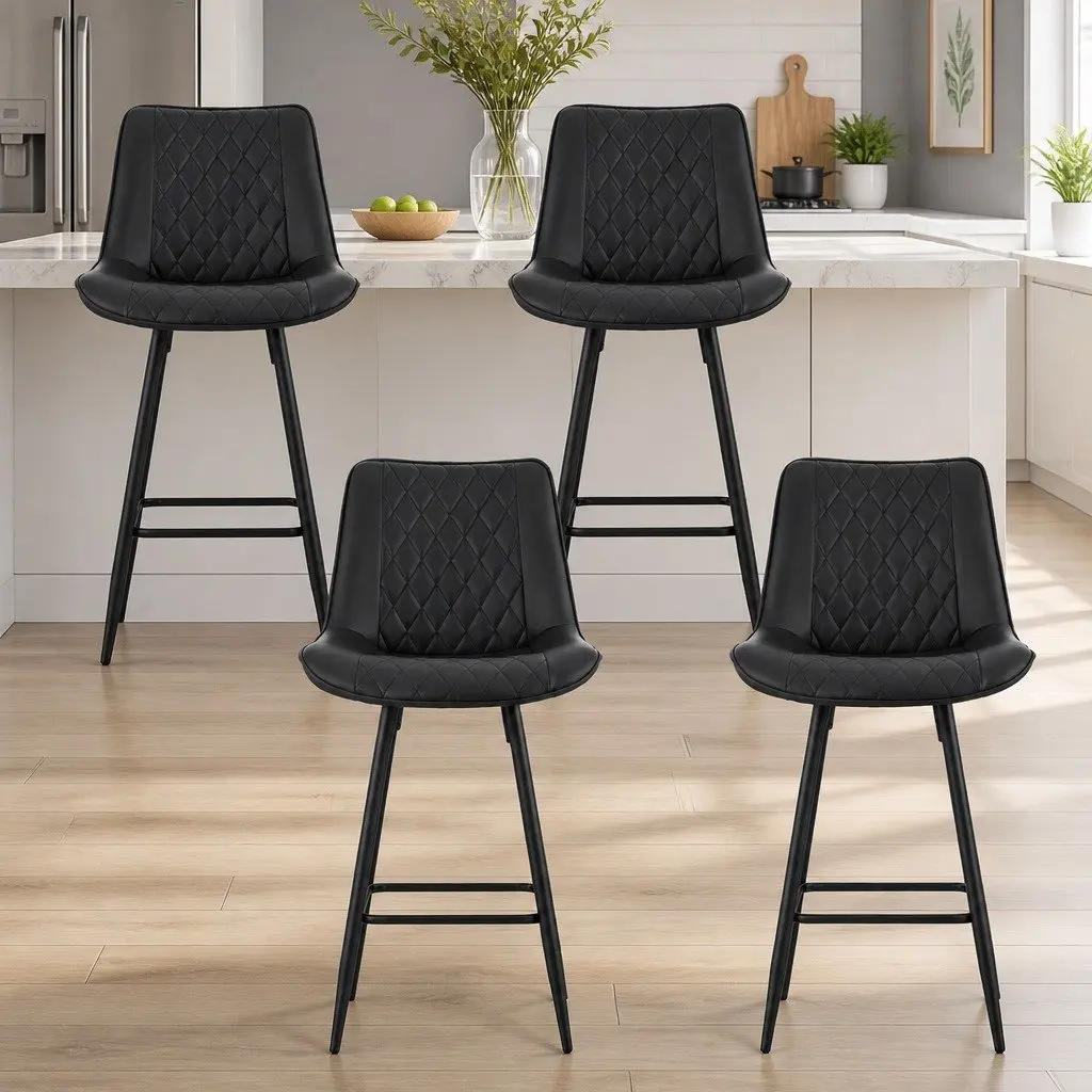 Bar Stools Black 67cm Ergonomic Diamond PU Leather Seat Metal Construction Set of 4