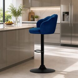 Bar Stools Gas Lift Velvet Blue Clam Shell Design 360 Swivel Adjustable Height