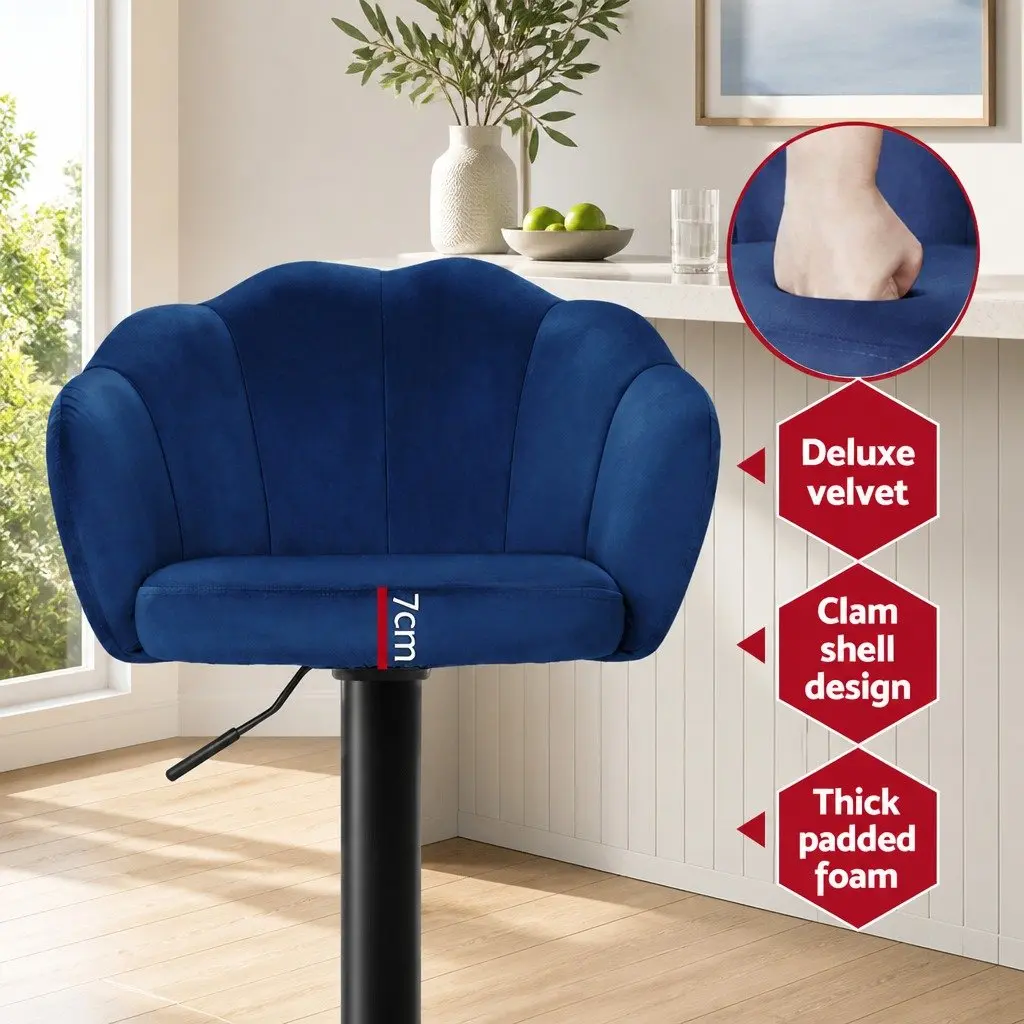 Bar Stools Set of 4 Gas Lift Velvet Blue Clam Shell Design Swivel Kitchen
