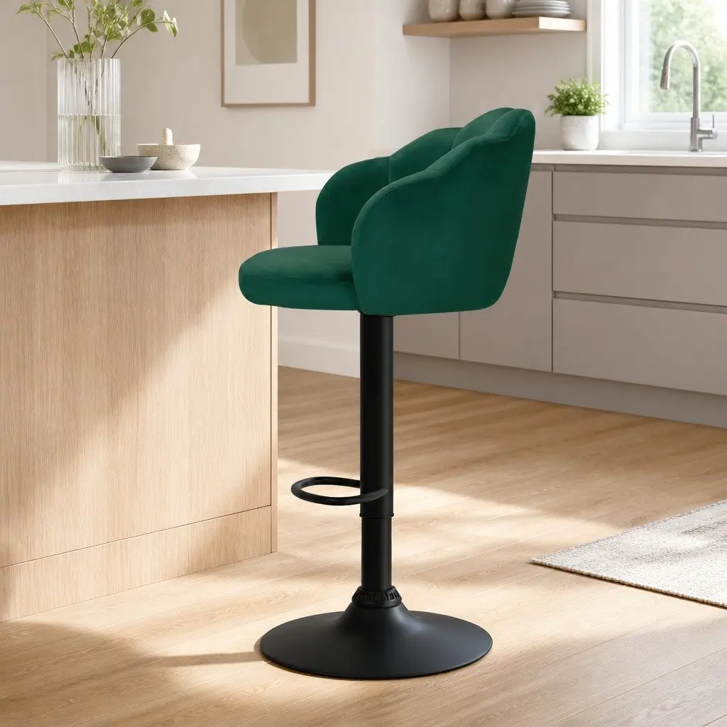 Bar Stools Green Velvet Adjustable Height Swivel Chair Set of 2
