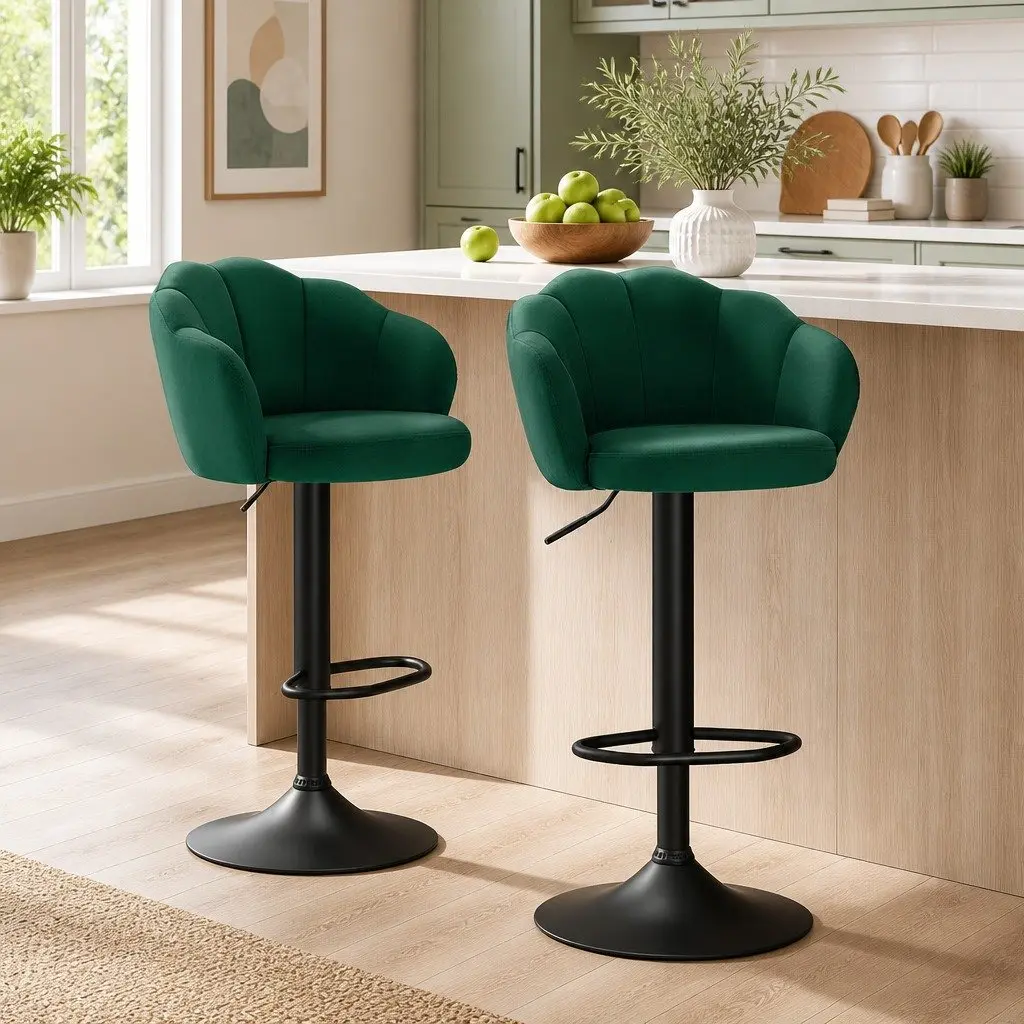 Bar Stools Green Velvet Adjustable Height Swivel Chair Set of 2