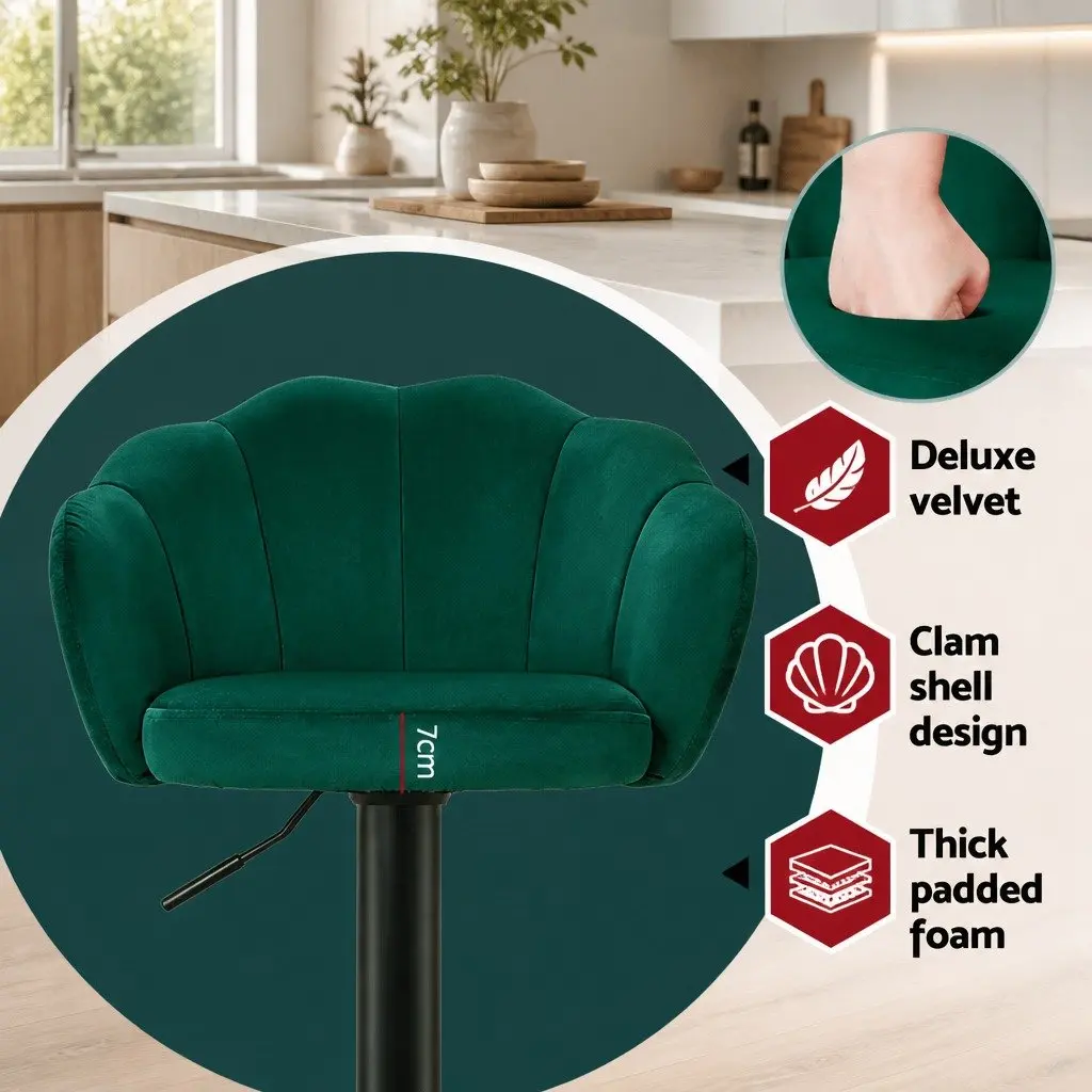 Bar Stools Green Velvet Adjustable Height Swivel Chair Set of 2