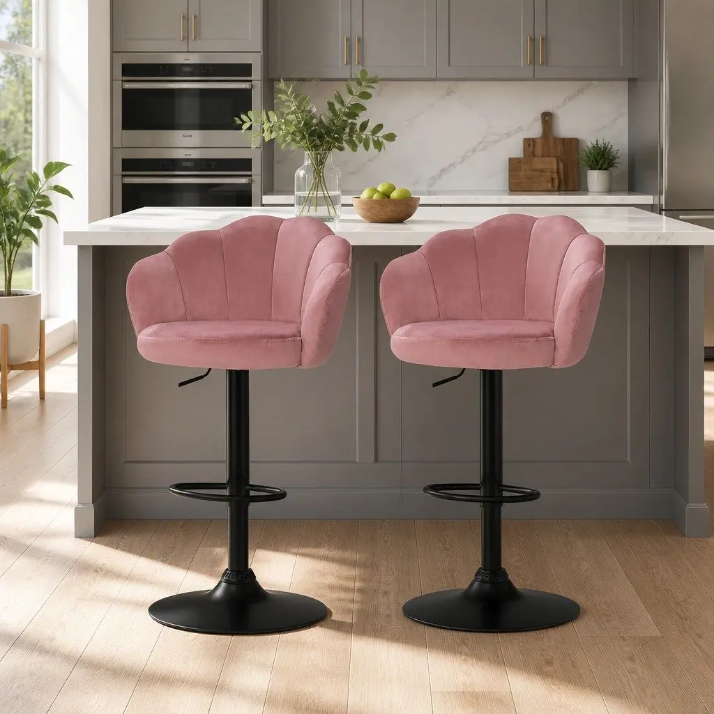 Bar Stools Gas Lift Velvet Pink Clam Shell Design Swivel Adjustable Height Set