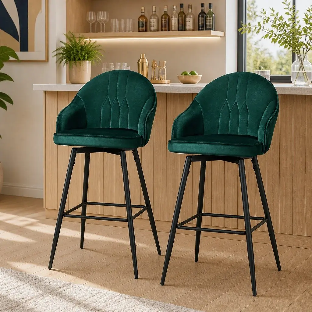 Bar Stools Green Velvet Padded Back Swivel 360° Metal Legs