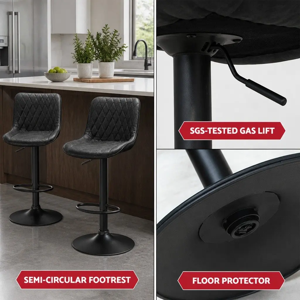 Bar Stools Gas Lift Swivel Adjustable Height Leather Seat Set of 2 Black