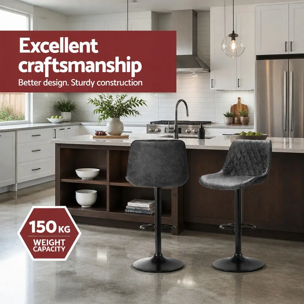 Bar Stools Gas Lift Swivel Adjustable Height Leather Seat Set of 2 Black