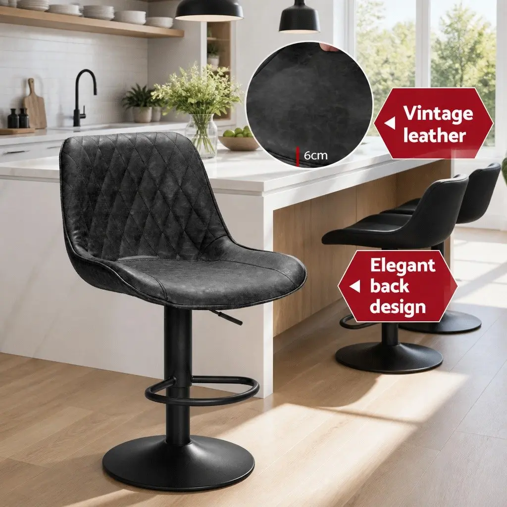 Bar Stools Set of 4 Gas Lift Swivel Vintage Leather Black Kitchen Dining
