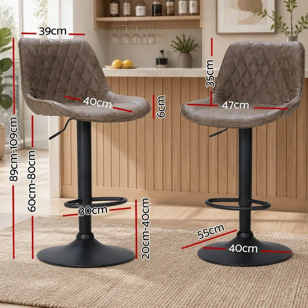 Bar Stools Gas Lift Vintage Brown Set of 4 Swivel Height Adjustable Leather Seat