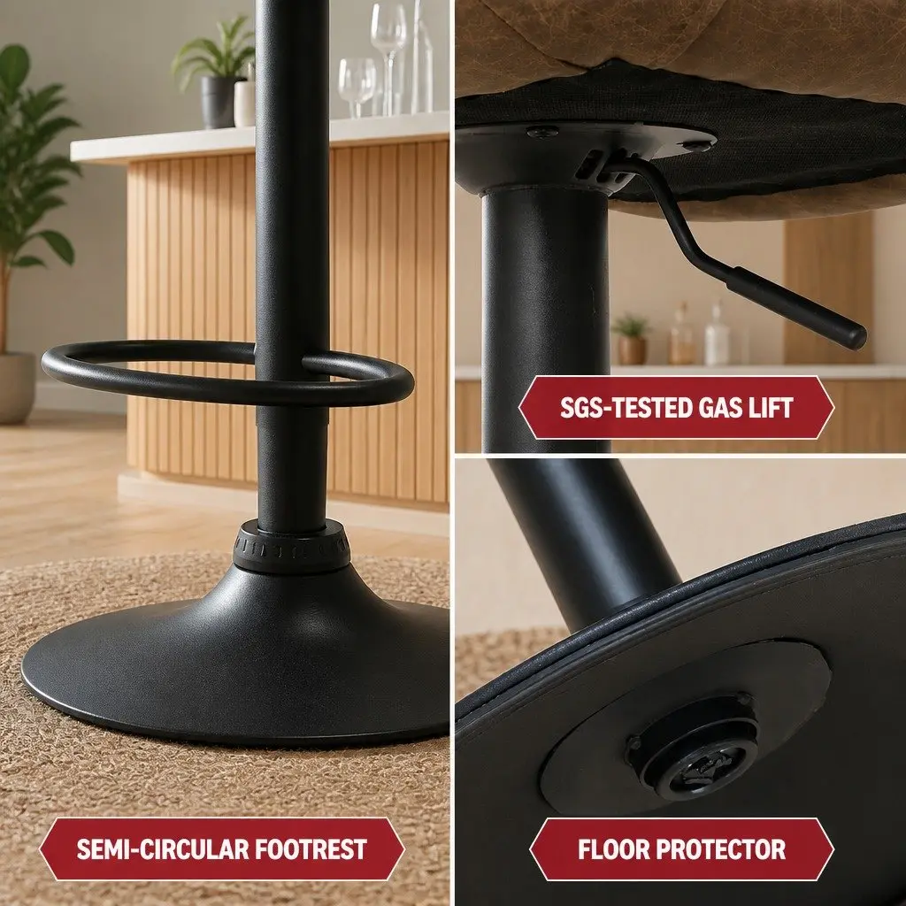Bar Stools Gas Lift Vintage Brown Set of 4 Swivel Height Adjustable Leather Seat