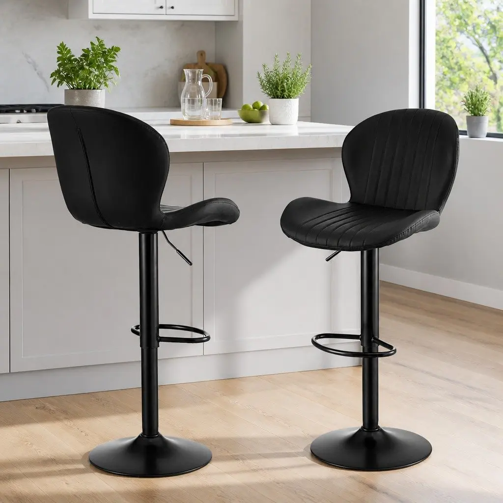 Bar Stools Black Adjustable Height Swivel Kitchen Counter Chair Set of 2 PU Leather