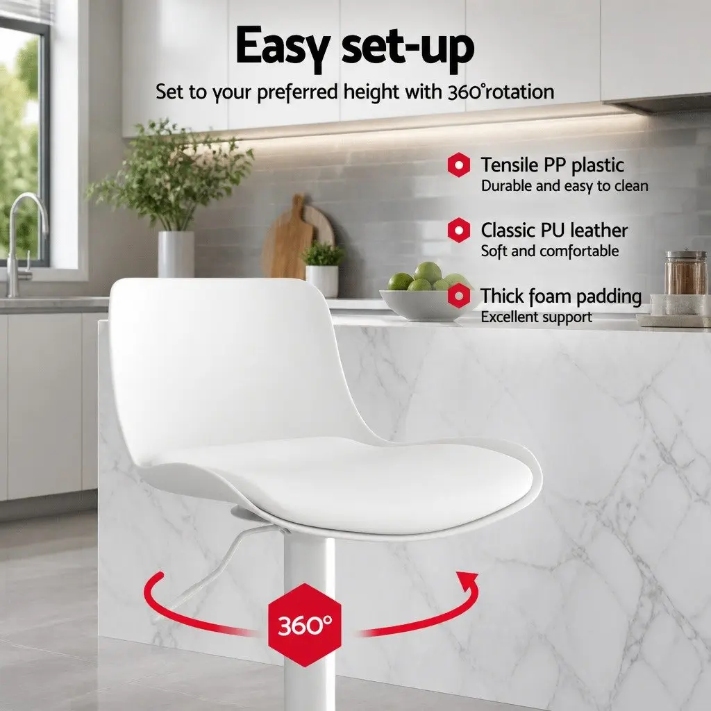 Bar Stools White Adjustable Height Swivel Seat Padded Seating Set of 2