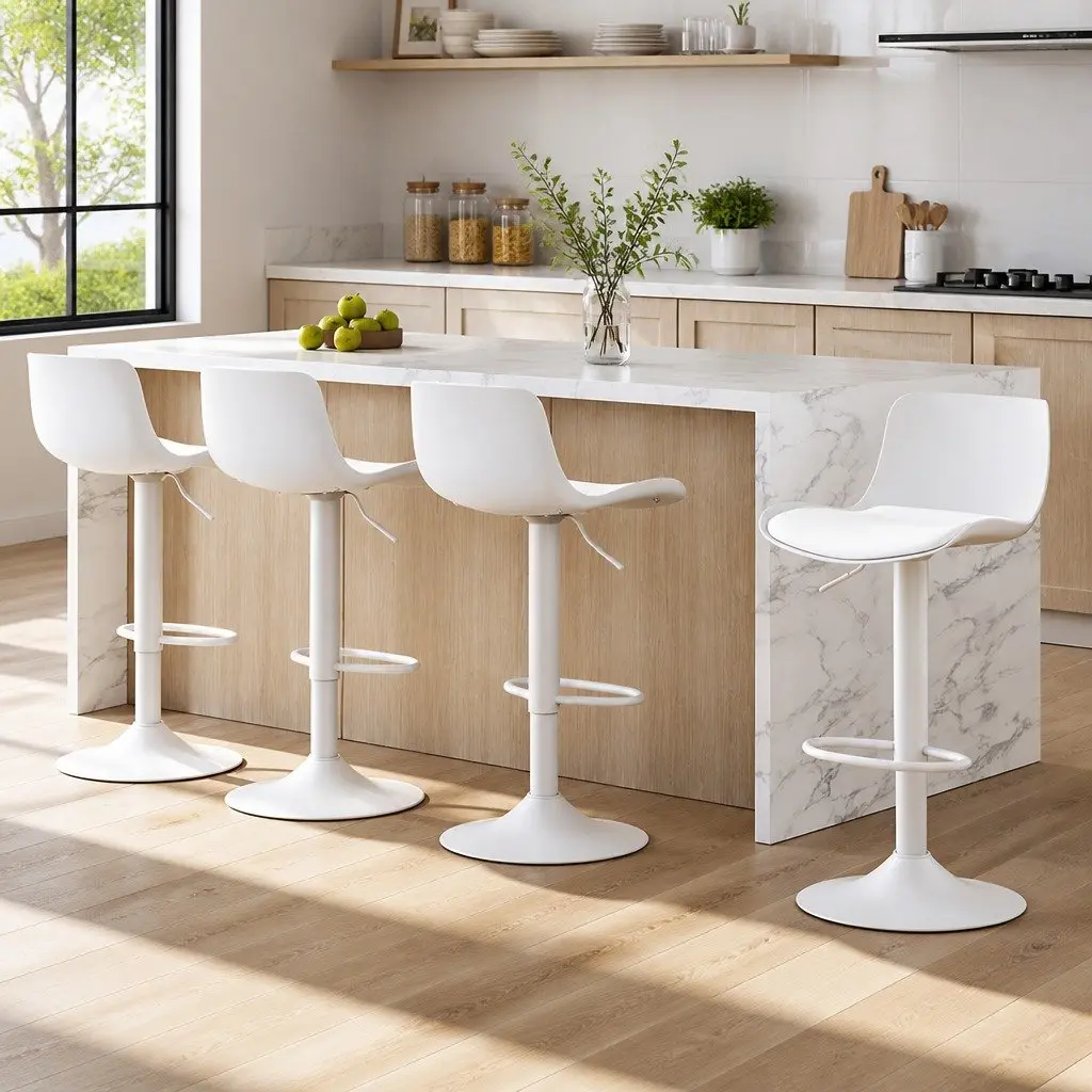 Bar Stools White Adjustable Height Swivel Seat Set of 4 Kitchen Dining Chairs