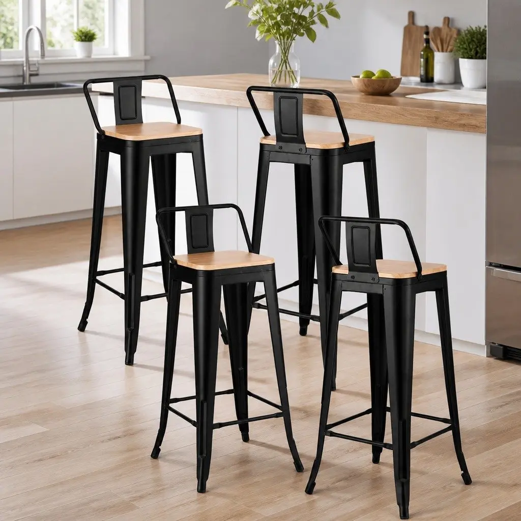 Bar Stools Black Pine 94cm High Stackable Metal Frame with MDF Seat