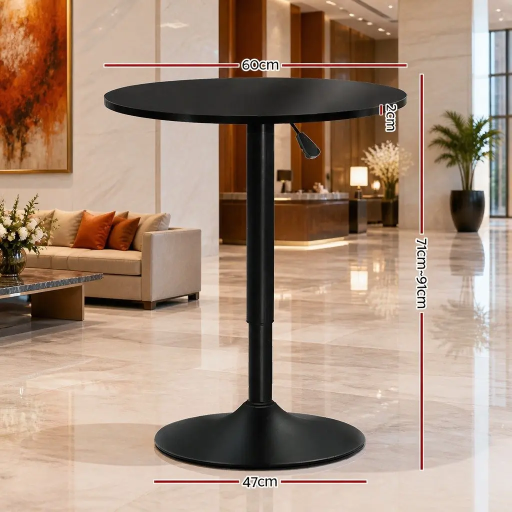 Round Bar Table Black 60cm Diameter Gas Lift Adjustable Height Swivel