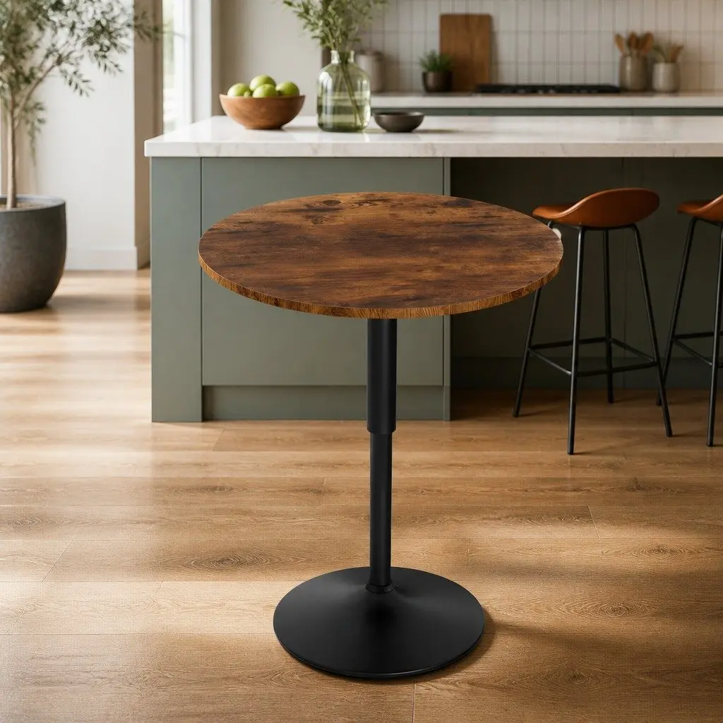 Height Adjustable Round Bar Table 60cm Swivel Gaslift Kitchen Counter Rustic