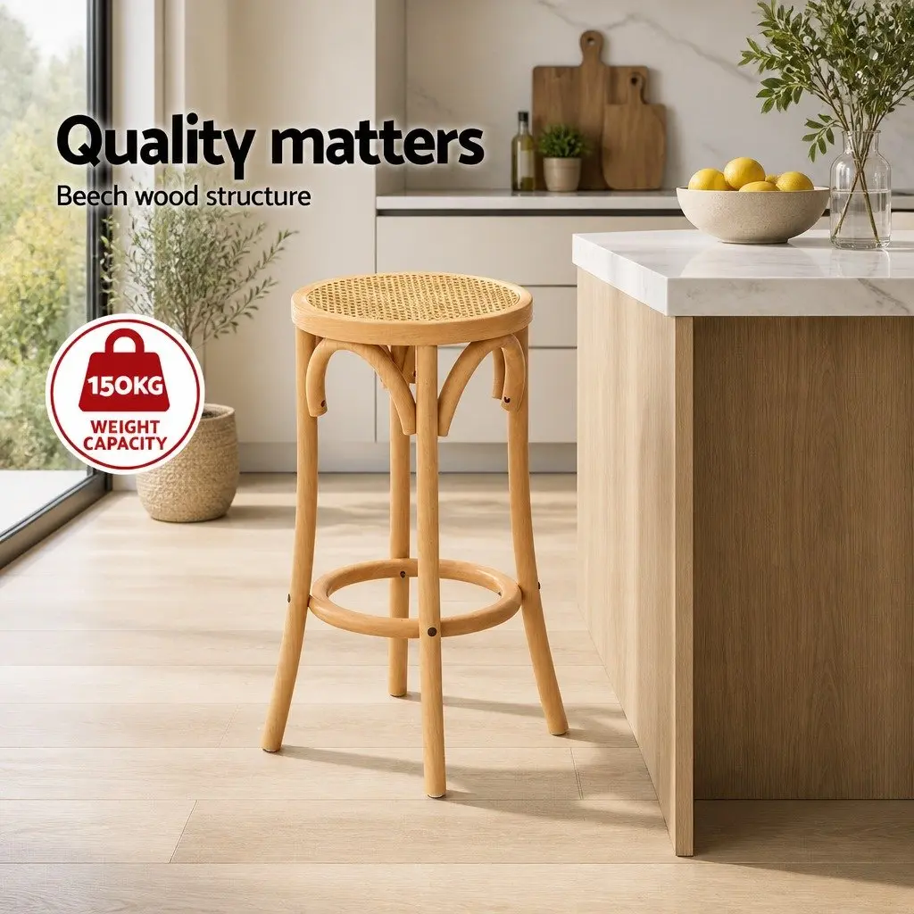 Bar Stools Pine 65cm Rattan Seat Solid Beechwood Frame Kitchen Dining Room Furniture