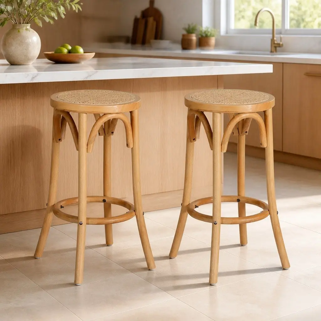 Bar Stools Pine 65cm Rattan Seat Solid Beechwood Frame Kitchen Dining Room Furniture