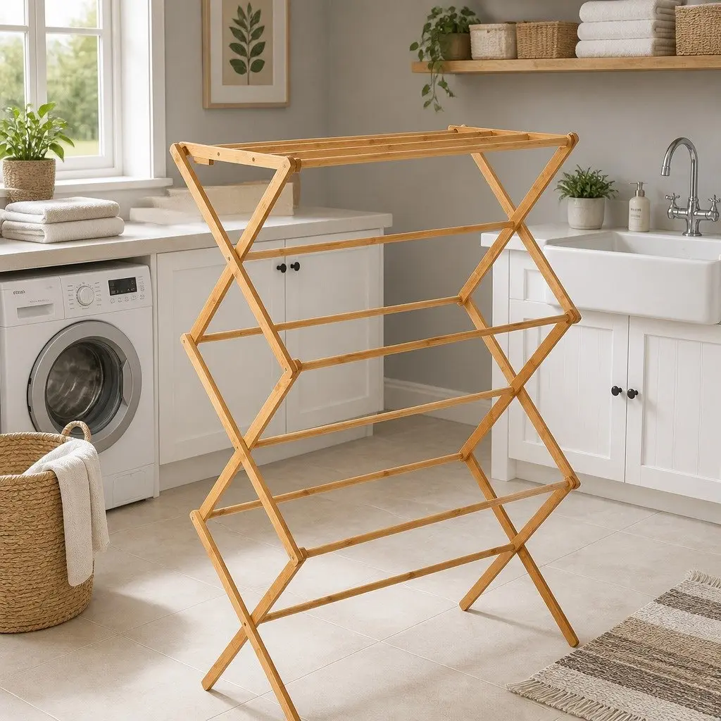 Bamboo Clothes Drying Rack Natural Foldable 11 Bars Mould Resistant