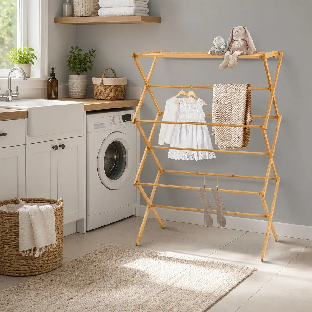 Bamboo Clothes Drying Rack Natural Foldable 11 Bars Mould Resistant