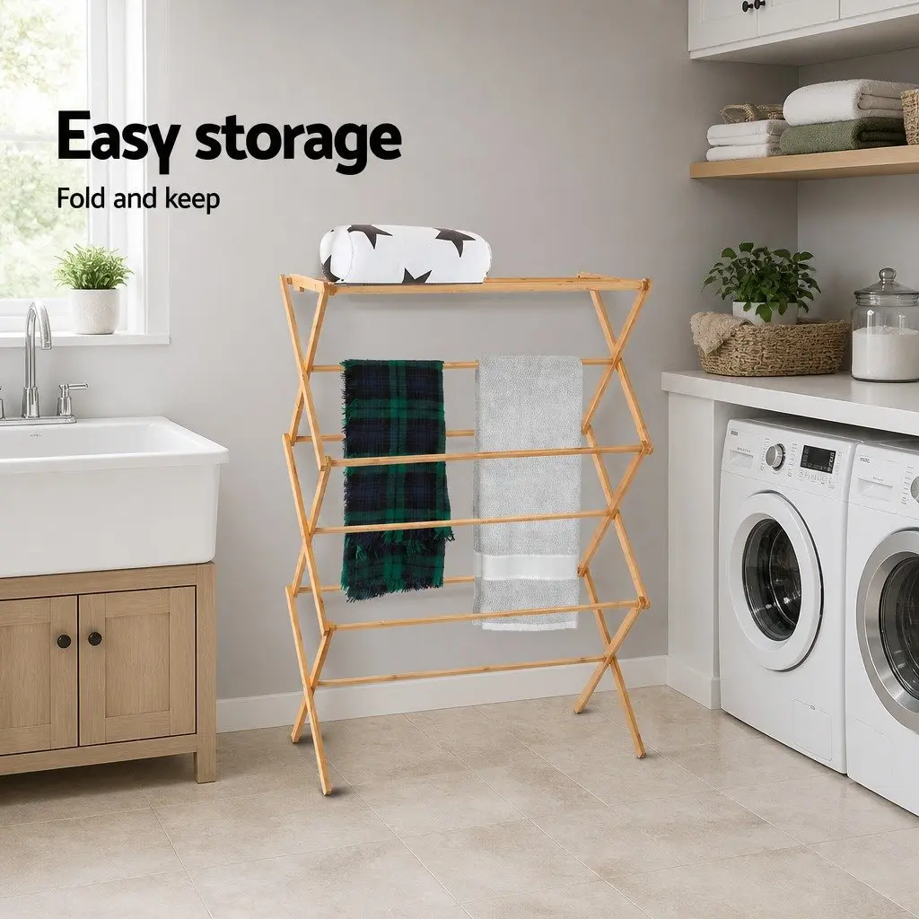 Bamboo Clothes Drying Rack Natural Foldable 11 Bars Mould Resistant
