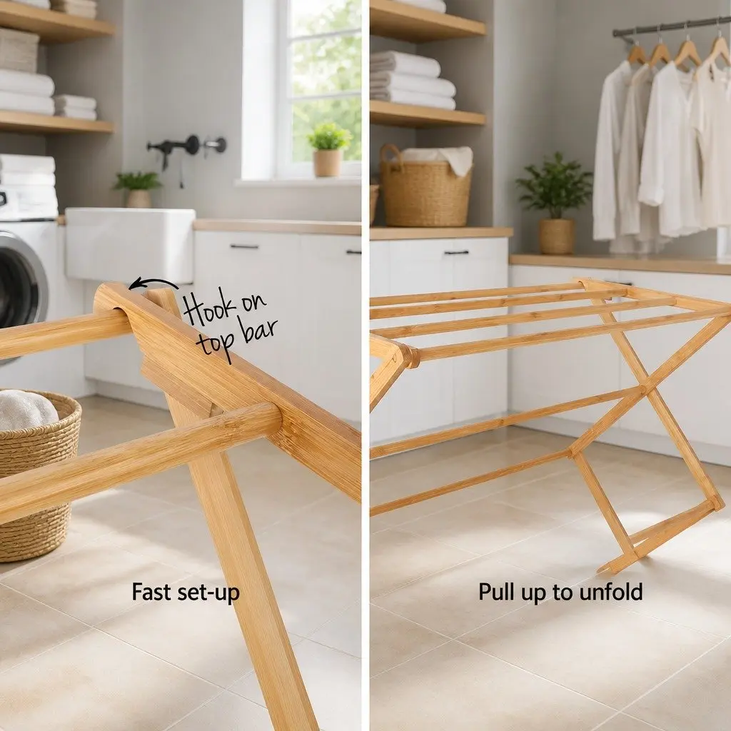 Bamboo Clothes Drying Rack Natural Foldable 11 Bars Mould Resistant