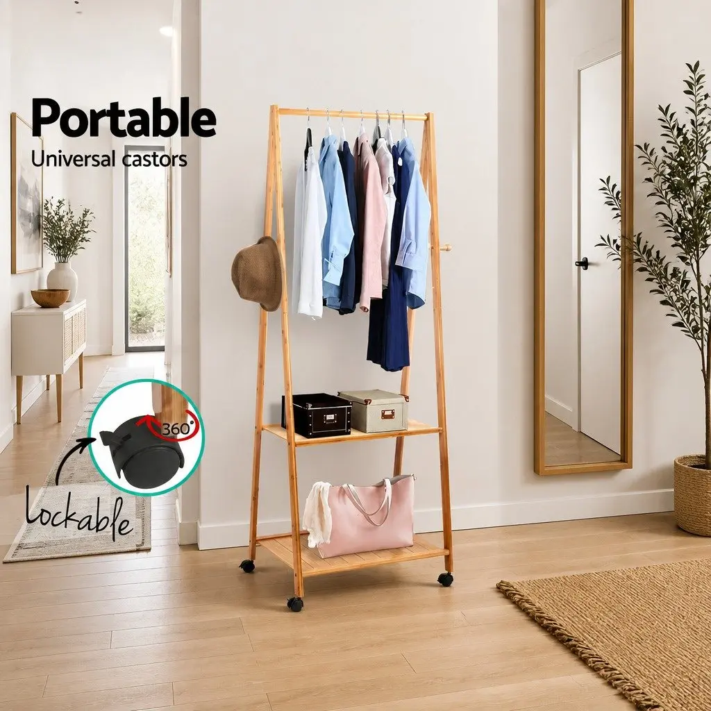 Clothes Rack Airer Natural 165x59cm Bamboo with Wheels Shelves Hooks