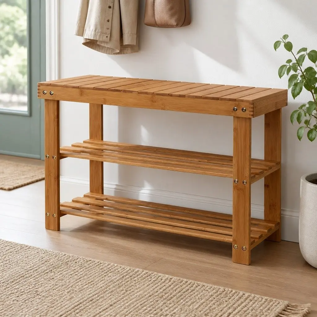 Bamboo Shoe Bench Rack Natural 70x28x46cm Two-Tier Storage Organizer Seat