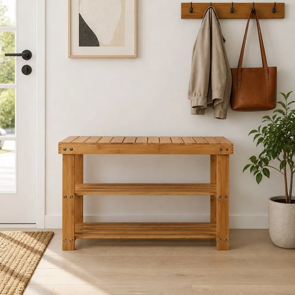 Bamboo Shoe Bench Rack Natural 70x28x46cm Two-Tier Storage Organizer Seat