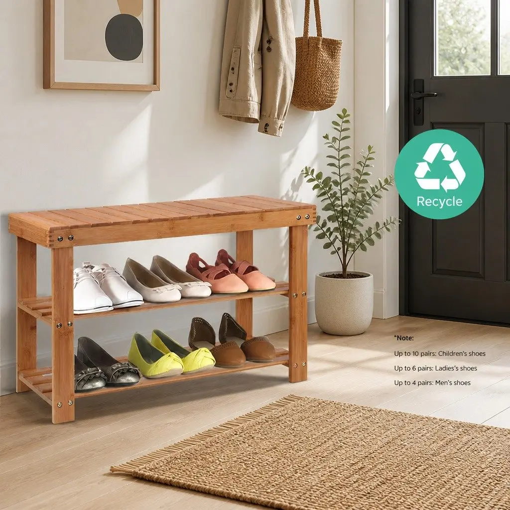 Bamboo Shoe Bench Rack Natural 70x28x46cm Two-Tier Storage Organizer Seat